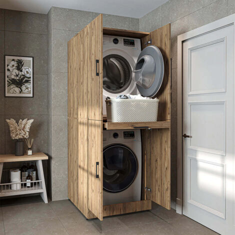 Dora Washer and Dryer Stacker Cabinet with Double Doors and Pull-Out Basket Shelf, Oak Effect