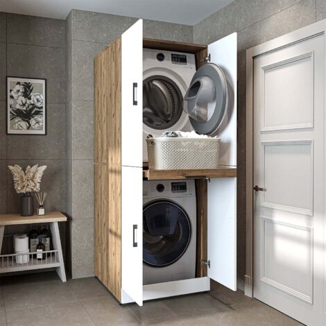 Dora Washer and Dryer Stacker Cabinet with Double Doors and Pull-Out Basket Shelf, Oak Effect and White