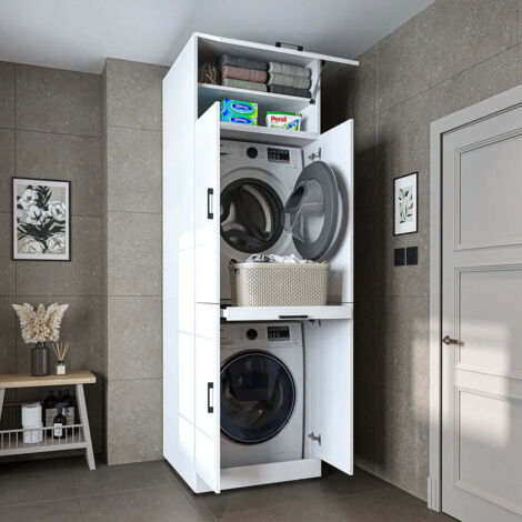 Dora Washer and Dryer Stacker Cabinet with Double Doors, Pull-Out Basket Shelf and Overhead Storage, White