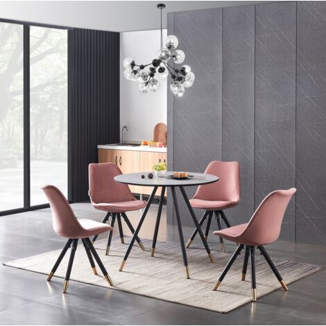 Dorchester LUX Sofia Dining Set - a Grey Wooden Dining Table and Set of 4 Pink Velvet Dining Chairs - Dining Room Kitchen