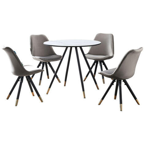 Dorchester LUX Sofia Dining Set - a White Wooden Dining Table and Set of 4 Dark Grey Vevet Dining Chairs - Dining Room Kitchen