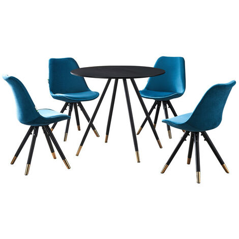 Dorchester LUX Sofia Dining Set - a White Wooden Dining Table and Set of 6 Blue Vevet Dining Chairs - Dining Room Kitchen