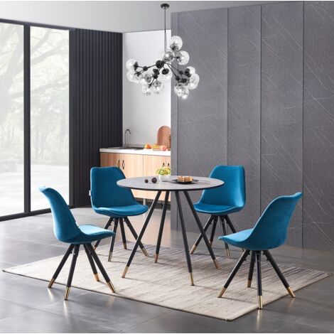 Dorchester LUX Sofia Esszimmer-Set – ein grauer Esstisch aus Holz und ein Set mit 4 blauen Samtstühlen – Esszimmer Küche