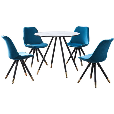 Dorchester LUX Sofia-Esszimmerset – ein weißer Esstisch aus Holz und ein Set mit 4 blauen Vevet-Esszimmerstühlen – Esszimmerküche