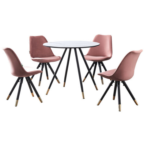 Dorchester LUX Sofia-Esszimmerset – ein weißer Esstisch aus Holz und ein Set mit 4 rosa Vevet-Esszimmerstühlen – Esszimmer Küche