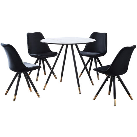 Dorchester LUX Sofia-Esszimmerset – ein weißer Esstisch aus Holz und ein Set mit 4 schwarzen Vevet-Esszimmerstühlen – Esszimmerküche