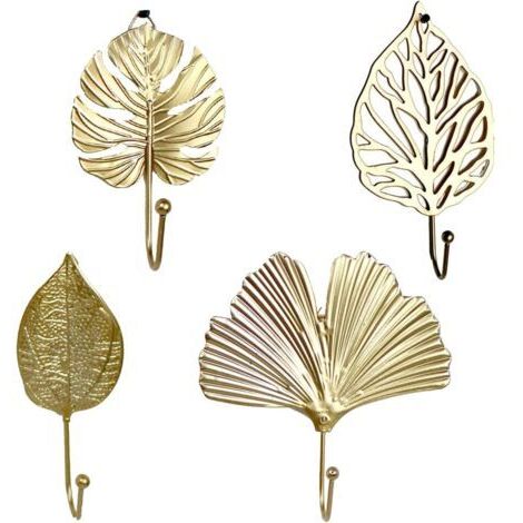 Doré Lot de 4 mini supports muraux en métal avec style feuille pour vêtements, sac à main, écharpe, clés