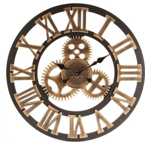 (Doré)Horloge Murale 3D Vintage Gear Grand - Bois - Décor or - 60 cm