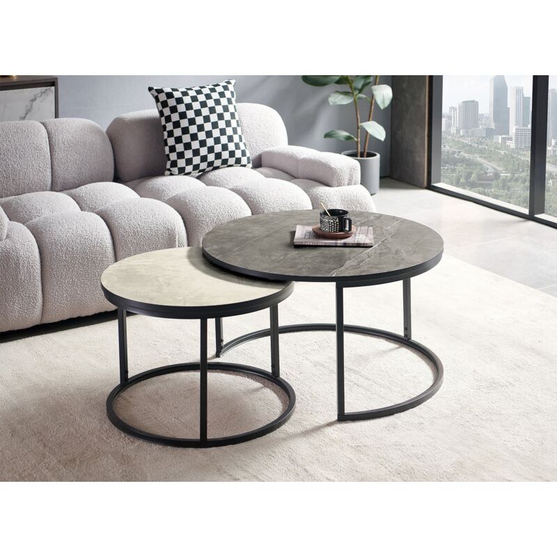 Deco In Paris - dorine - Lot de 2 tables basses rondes gigognes effet marbre dorine