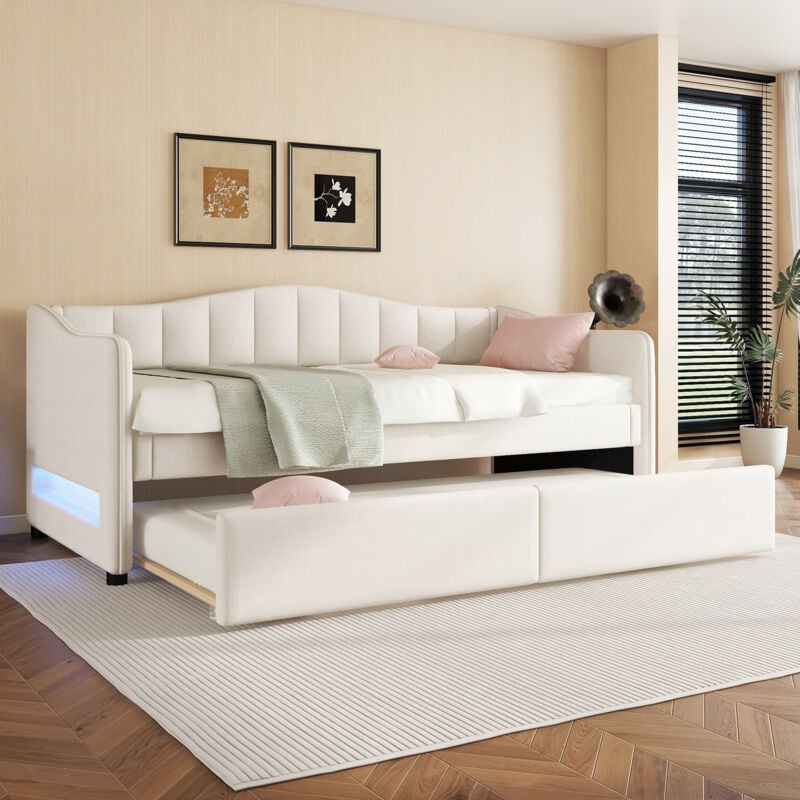 Dormeuse, chaise longue 90x200 cm con letto estraibile, divano letto, letto singolo (senza materasso), design con luce ambientale, lino, stile