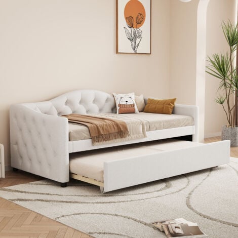 REDOM Dormeuse, chaise longue 90x200 cm con letto estraibile, divano letto, letto singolo (senza materasso), lino, stile minimalista, beige