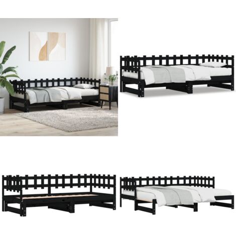 Dormeuse Estraibile Nera 2x(90x190) cm Legno Massello di Pino - Divano letto estraibile - Letto per ospiti