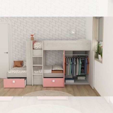 Dormitorio 1267 con litera de dos cajones y armario en blanco desgastado y rosa flamenco
