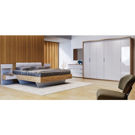 Dormitorio ASTO II, blanco lacado y roble claro, 180 x 200 cm - Armario: sin armario