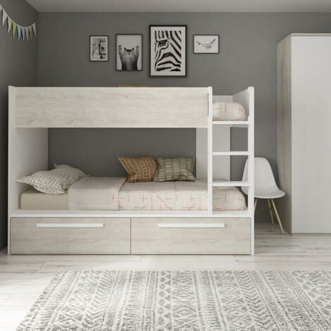 WEBMARKETPOINT Dormitorio con litera con cajones en blanco desgastado y blanco reversible