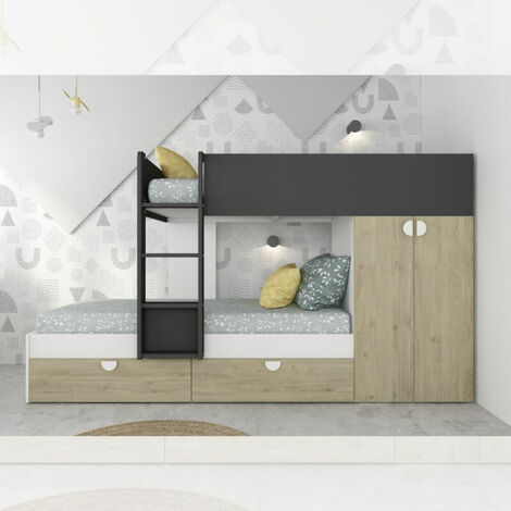 Dormitorio con litera con cajones y armario en roble y antracita