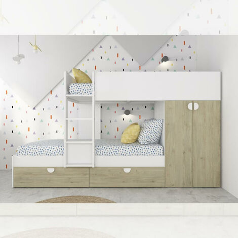 Dormitorio con litera con cajones y armario en roble y blanco.