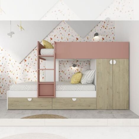 Dormitorio con litera con cajones y armario en roble y rosa antiguo