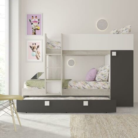 Dormitorio con litera y cama nido con armario integrado en blanco desgastado y antracita