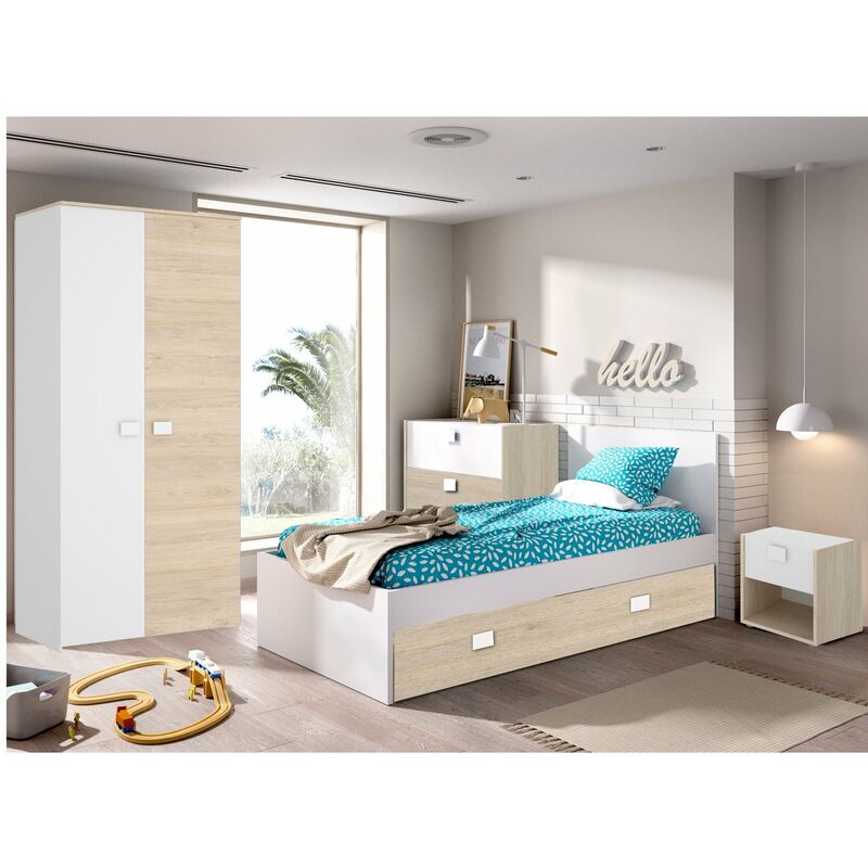 

Dormitorio Juvenil: ARMARIO ropero, CAMA con Mesita de noche, CAJONES inferiores y COMODA 3 Cajones