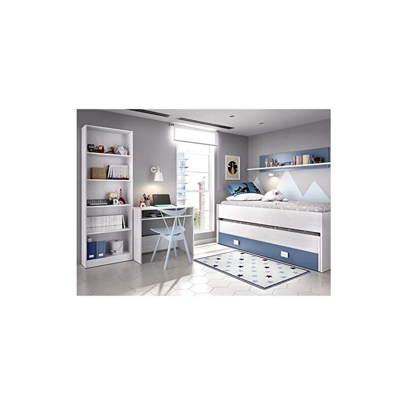 

Dormitorio Juvenil Completo Cama Nido 2 cajones + Estante + estantería 6 baldas + Mesa Escritorio