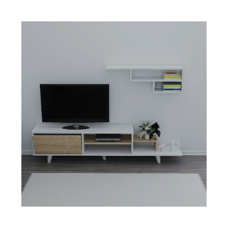 

Doruk Mueble TV con estanterias, puertas, estantes - de la sala de estar - Blanco, Roble en Madera, 180 x 29,5 x 45 cm