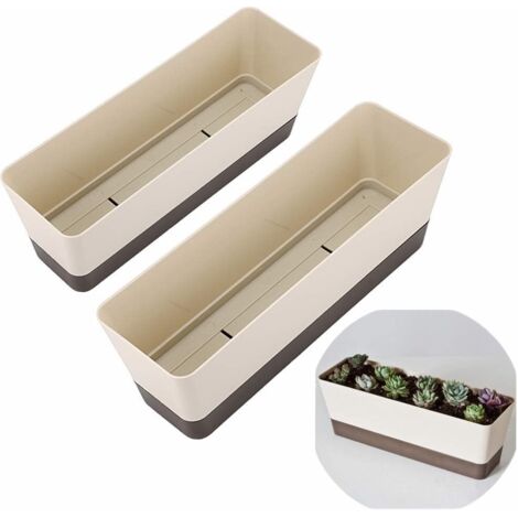 Dos jardineras rectangulares de 30 cm con orificios de drenaje y una bandeja para plantar en el alféizar de la ventana. Aptas para suculentas, flores y hierbas aromáticas.