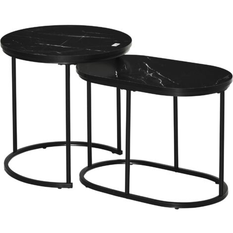 Dos juegos de mesas de centro apilables, redondas y ovaladas, fabricadas en MDF y acero, con un peso de hasta 30 kg, ideales para salones, apartamentos y oficinas.