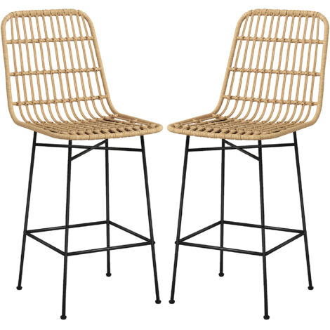 Dos taburetes de bar de ratán con respaldo y soporte de acero. Capacidad de carga: 120 kg. Ideales para cocina, salón y comedor.