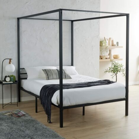 Double 4 Poster Black Metal Canopy Bed Frame Home Modern Bedroom Furniture