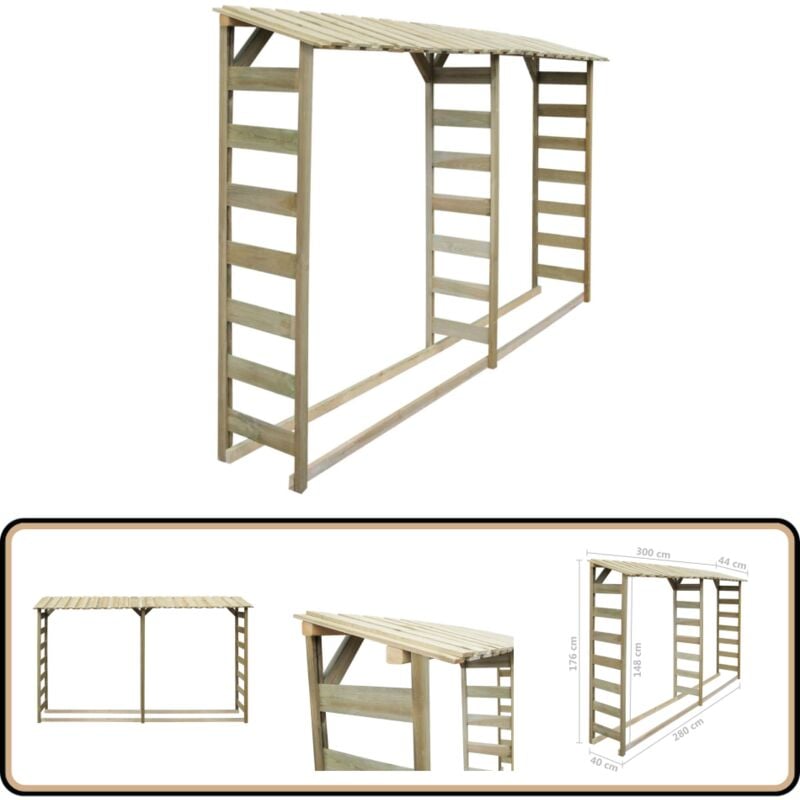 Double abri de stockage du bois 300 x 44 x 176 cm Pin imprégné - Abri De Bois - Abri à Bûches - Rangement Bois - Stockager Bois - Protection Bois