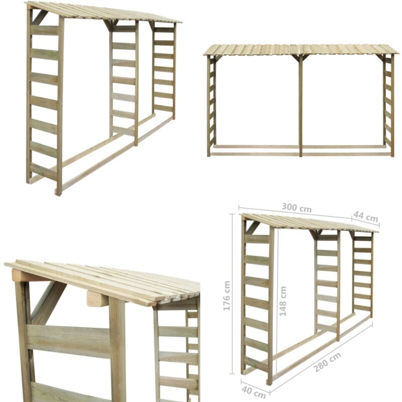 Double abri de stockage du bois 300 x 44 x 176 cm Pin imprégné - Abri De Bois - Abri à Bûches - Rangement Bois - Stockager Bois - Protection Bois