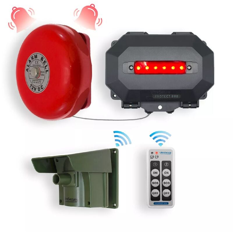 Ultra Secure - Double alerte détection passage armable 100% extérieure sans fil 800m - Récepteur LEDs + cloche (protect 800)