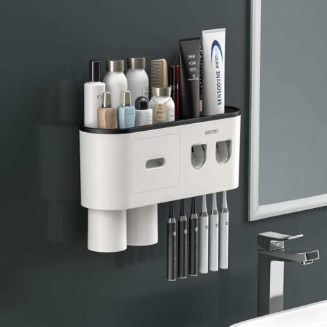 Double Automatic Toothpaste Dispenser with Toothbrush Holder, Large Storage Organizer with 6 Toothbrush Slots, Cosmetic Storage Drawer (2 Cups)