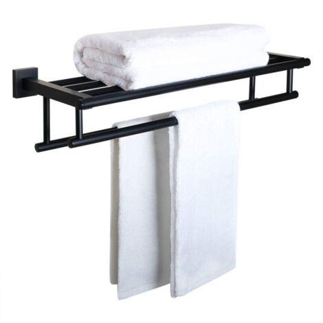 Double Barre Porte Serviette Mural de Salle de Bain, Support Serviette avec Étagère en Acier Inoxydable pour Cuisine Toilette, Longueur 60CM Noir Mat
