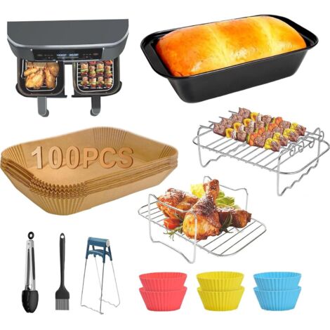 Double Basket Air Fryer Accessories, 13 Pieces Set for Ninja DZ201, DZ401, DZ550 and Other Dual Zone Air Fryer 8QT-10QT and Larger, Comes with Rack, Loaf Pan, Paper Liner, Silicone Brush, Cake Pan, et