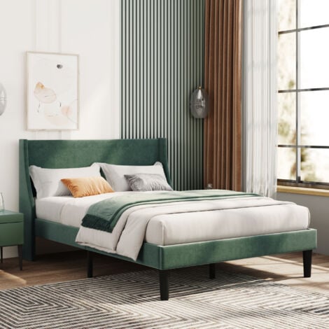 ABRIHOME Double Bed Velvet Dark Green 4FT6 Upholstered Bed with Winged Headboard, Wood Slat Support