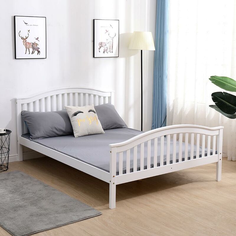 Double Bed White Wooden 4ft 6 Bed Headboard High End Slatted Base Solid Wood - White
