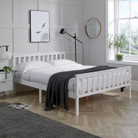 Double Bed White Wooden 4ft 6 Bed Headboard High End Slatted Base Solid Wood