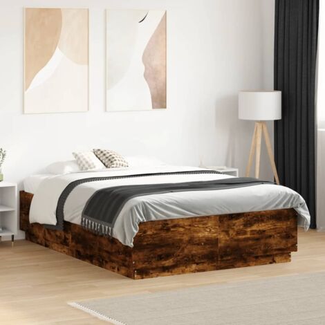 Double bed，Adult bed，Bed Frame with LED without Mattress Smoked Oak 120x190 cm Small Double VSVS301843