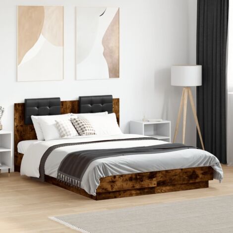 Double bed，Adult bed，Bed Frame with LED without Mattress Smoked Oak 120x190 cm Small Double VSVS859808