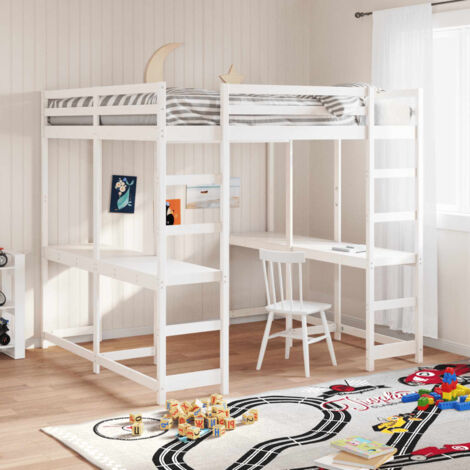BONNEVIE Double bed，Adult bed，Loft Bed with Desk and Ladder White 200x200 cm Solid Wood Pine VSVS841703