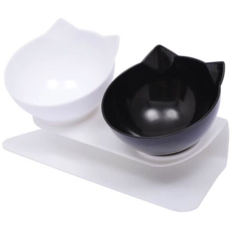 Double Bol de Chat Anti-dérapant avec Support en Plastique pour Les Chats et Petit Chien animaux chats chiens feeders, Noir + Blanc