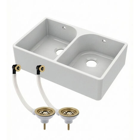 Double Bowl Fireclay Ceramic Butler Kitchen Sink with Full Weir, Overflows & Brushed Brass Wastes