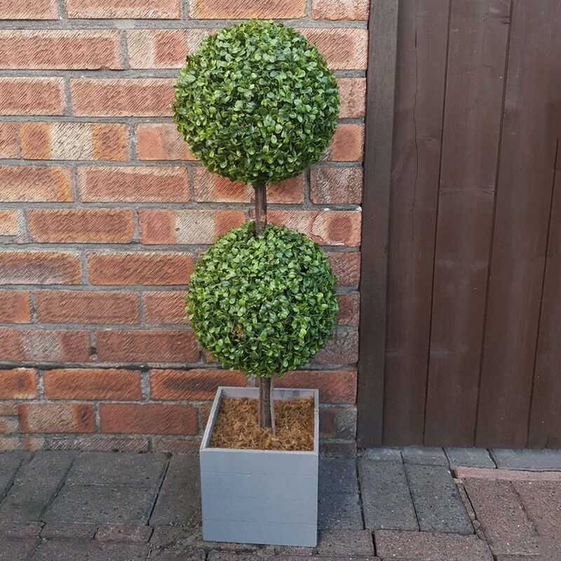 Double Boxwood Ball Topiary Tree in Grey Crate