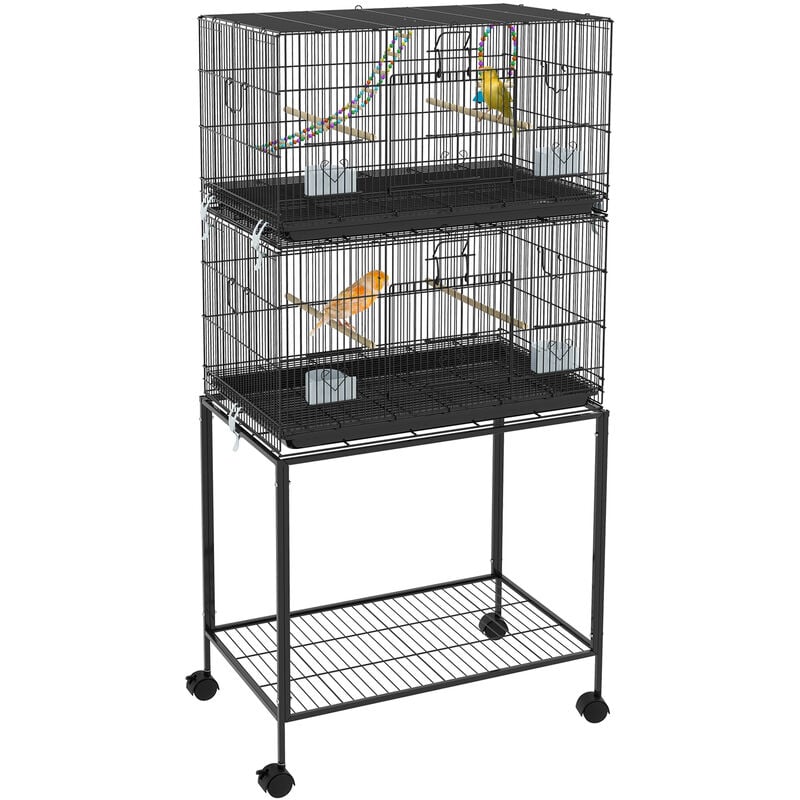 Pawhut - Double cage à oiseaux sur roulettes - étagère, plateau déjection, 4 perchoirs, 4 mangeoirs, poignée - dim. 77L x 46l x 164H cm acier noir