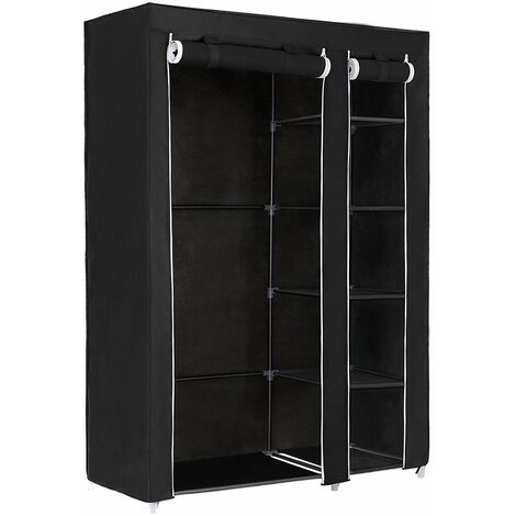 Double Canvas Wardrobe Cupboard Clothes Hanging Rail Storage Shelves Black 175 x 110 x 45cm LSF007