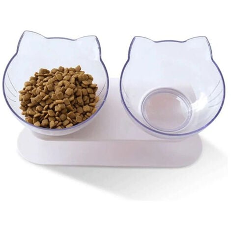 Double Cat Bowl, Non-Slip Food Bowl with Plastic Support 29 x 15 x 8 cm White