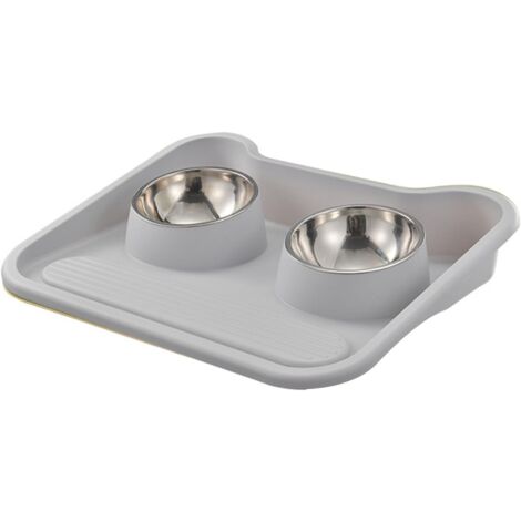 Double Cat Bowls, Raised Food Feeder for Cats and Dogs, Pet Food Container for Small Puppy, Flat Basic Spill Proof Cat Water Bowls (Grey)