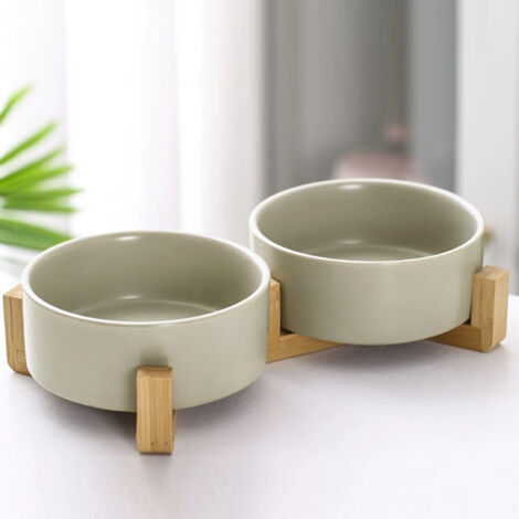 Double Ceramic Cat Bowl with Bamboo Stand-Grey